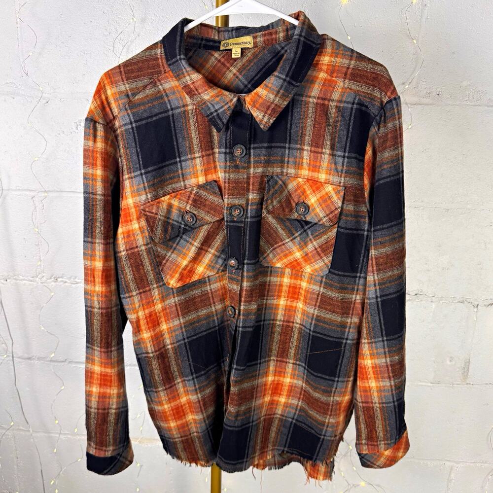 democracy women’s L orange black plaid flannel shirt button up raw frayed hem